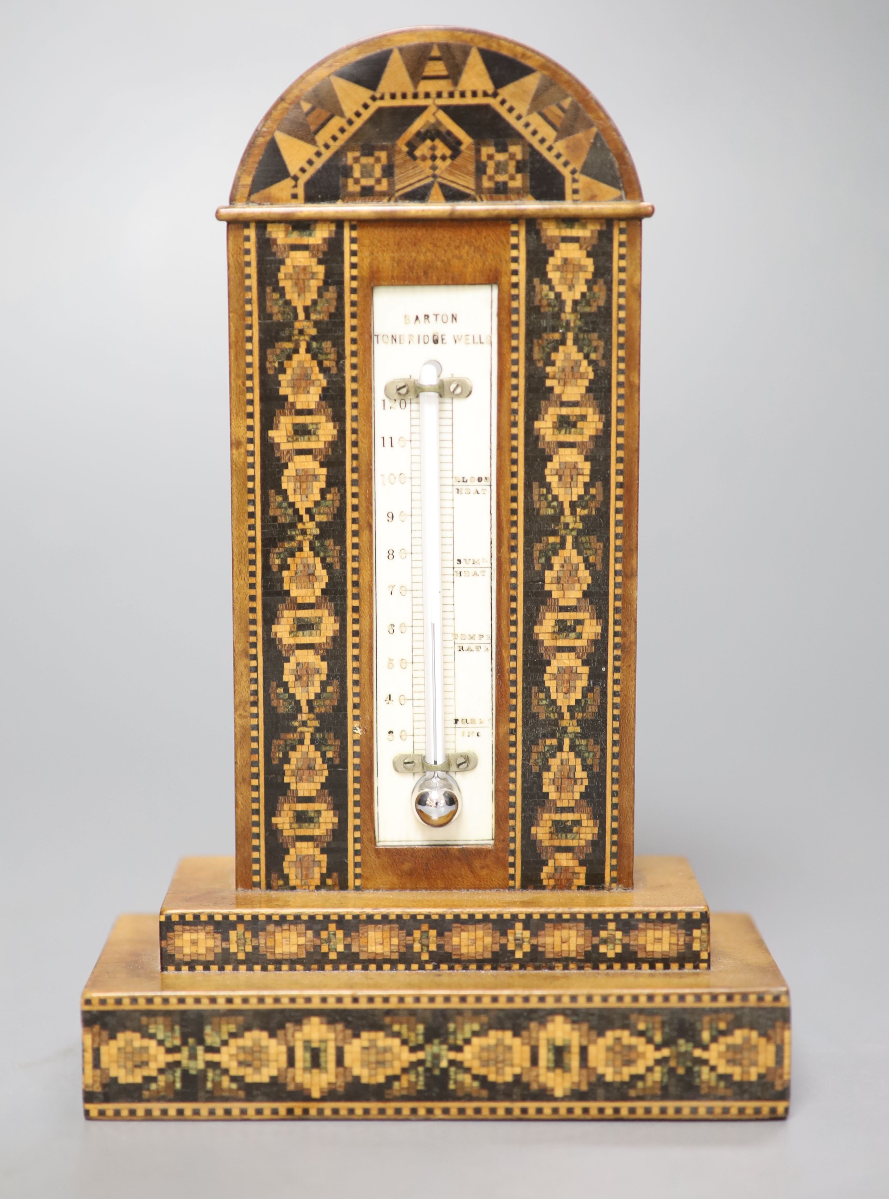 A Tunbridge Ware walnut desk thermometer, the ivory scale signed Barton Tonbridge [sic] Wells, H 16cm W 10.5cm